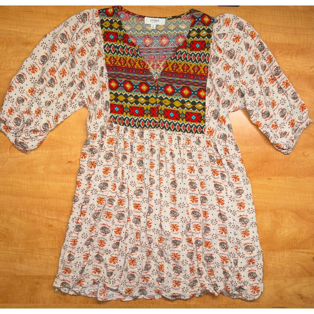 Umgee USA Boho Mixed Print Babydoll Tunic Dress V-Neck 3/4 Sleeve Medium